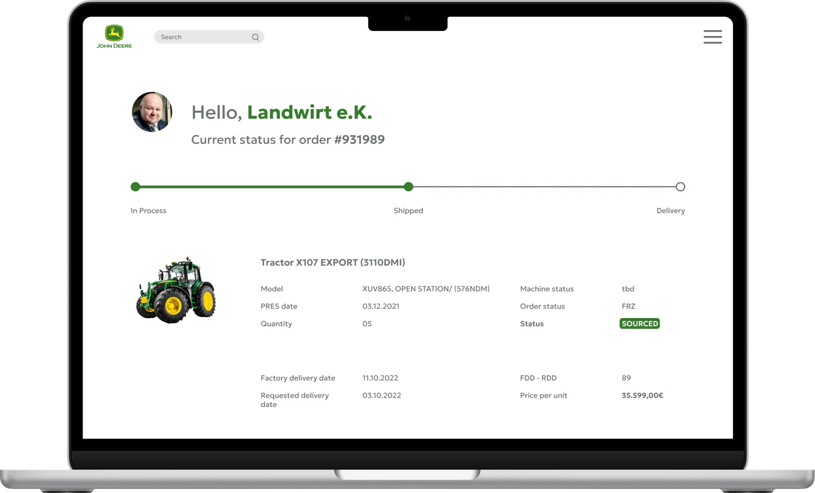 Laptop mockup of the John Deere order status dashboard: “Hello, Landwirt e.K.”, a progress tracker from In Process to Shipped to Delivery, and the tractor order details