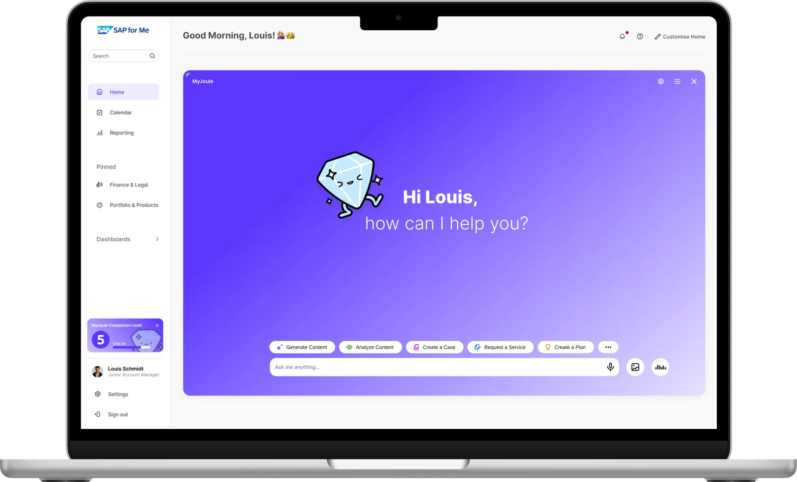 Laptop mockup of the MyJoule concept in SAP for Me: the AI companion greets the user with “Hi Louis, how can I help you?”