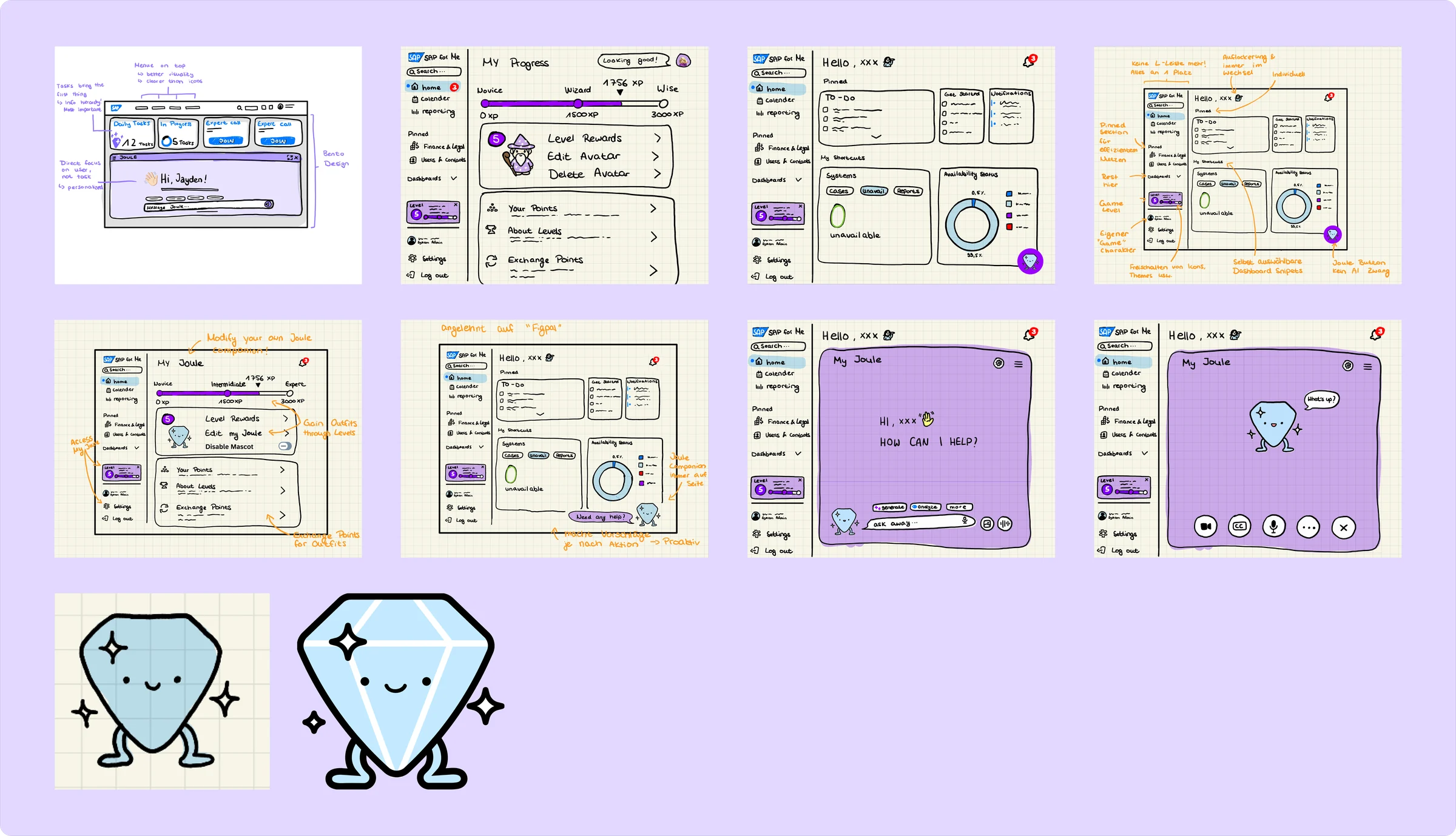 Hand-drawn sketches and wireframes of the MyJoule concept: homepage variants, progress and reward screens, the companion chat, and early drafts of the diamond mascot