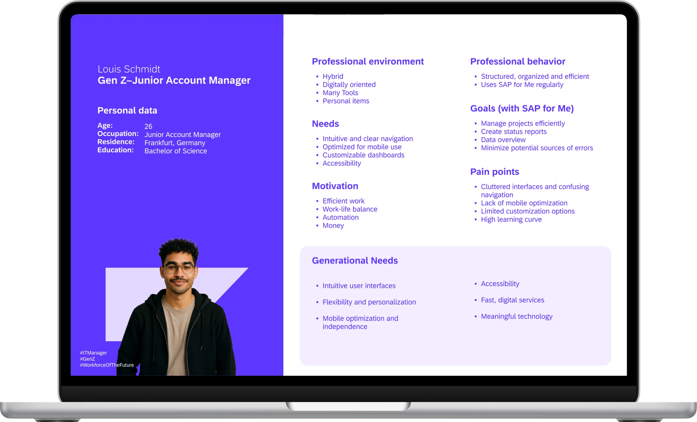 Persona Louis Schmidt, Gen Z Junior Account Manager: personal data, professional environment and behavior, needs, goals, motivation, pain points and generational needs
