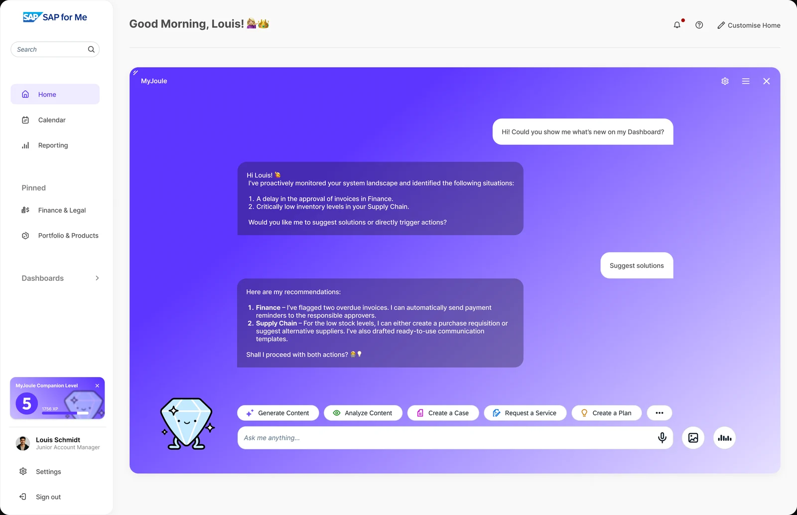 MyJoule chat: the companion proactively reports finance and supply chain issues and suggests solutions