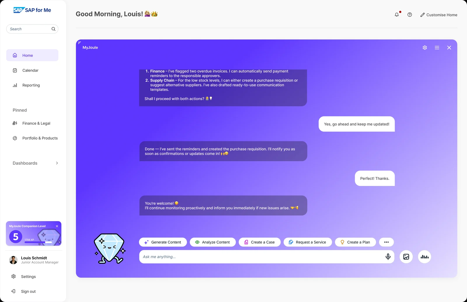 MyJoule chat continued: the companion confirms the actions it has taken