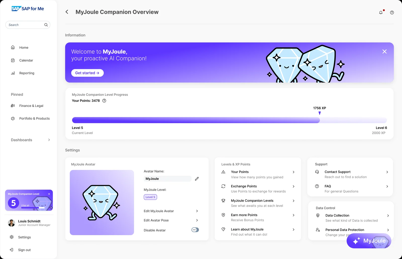 MyJoule Companion Overview with level progress, avatar settings, points and data control