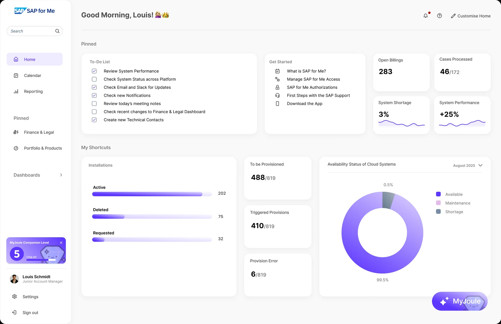 MyJoule concept: personalized SAP for Me dashboard with to-do list, KPIs, shortcuts and system availability