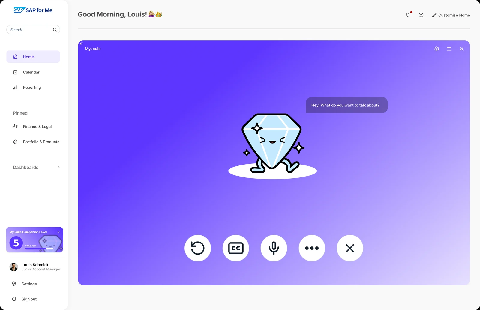 MyJoule voice mode with the diamond companion asking “What do you want to talk about?”