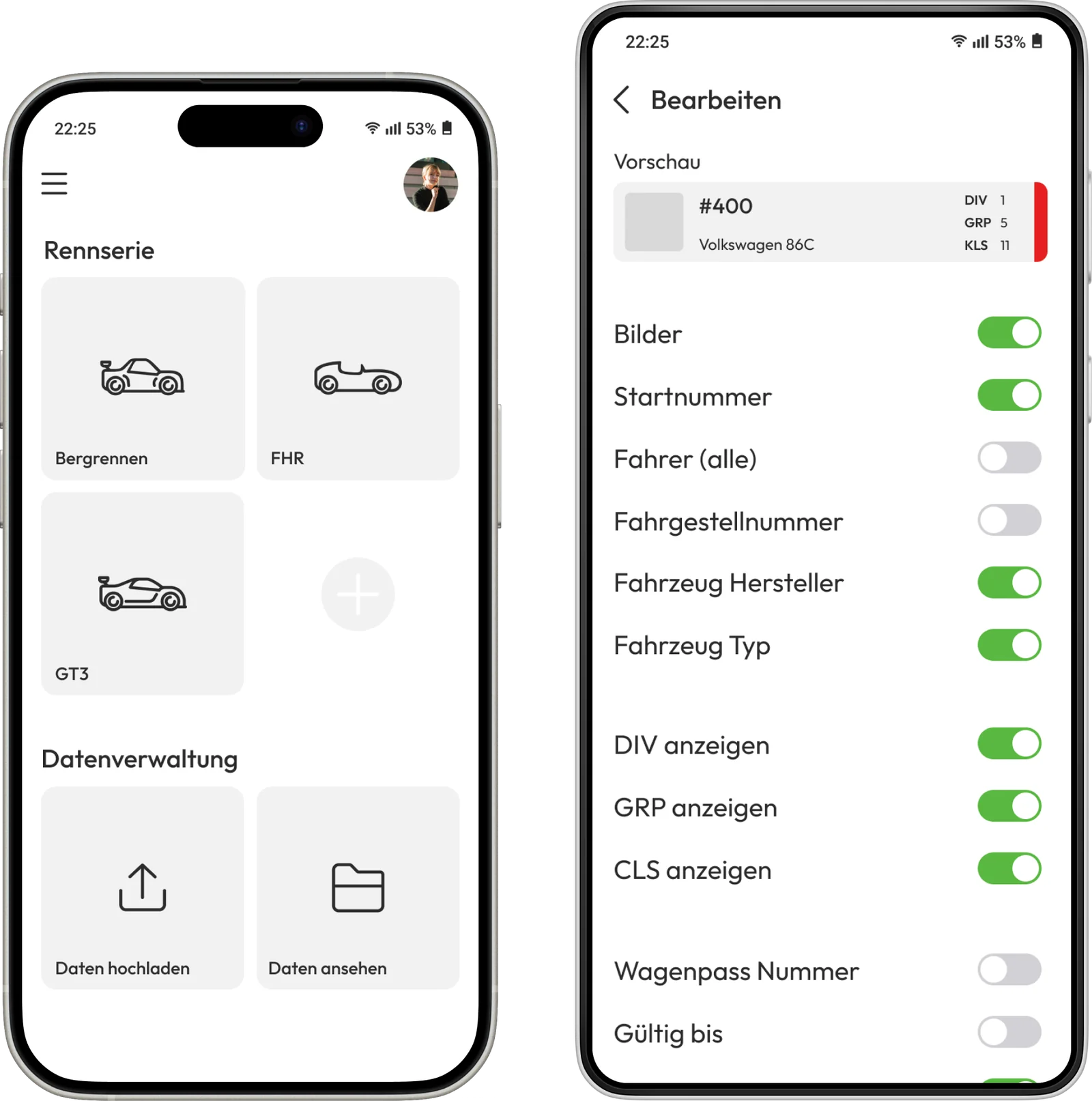 Two phone mockups of the Scrutifree app: racing series overview and the screen configurator with toggles