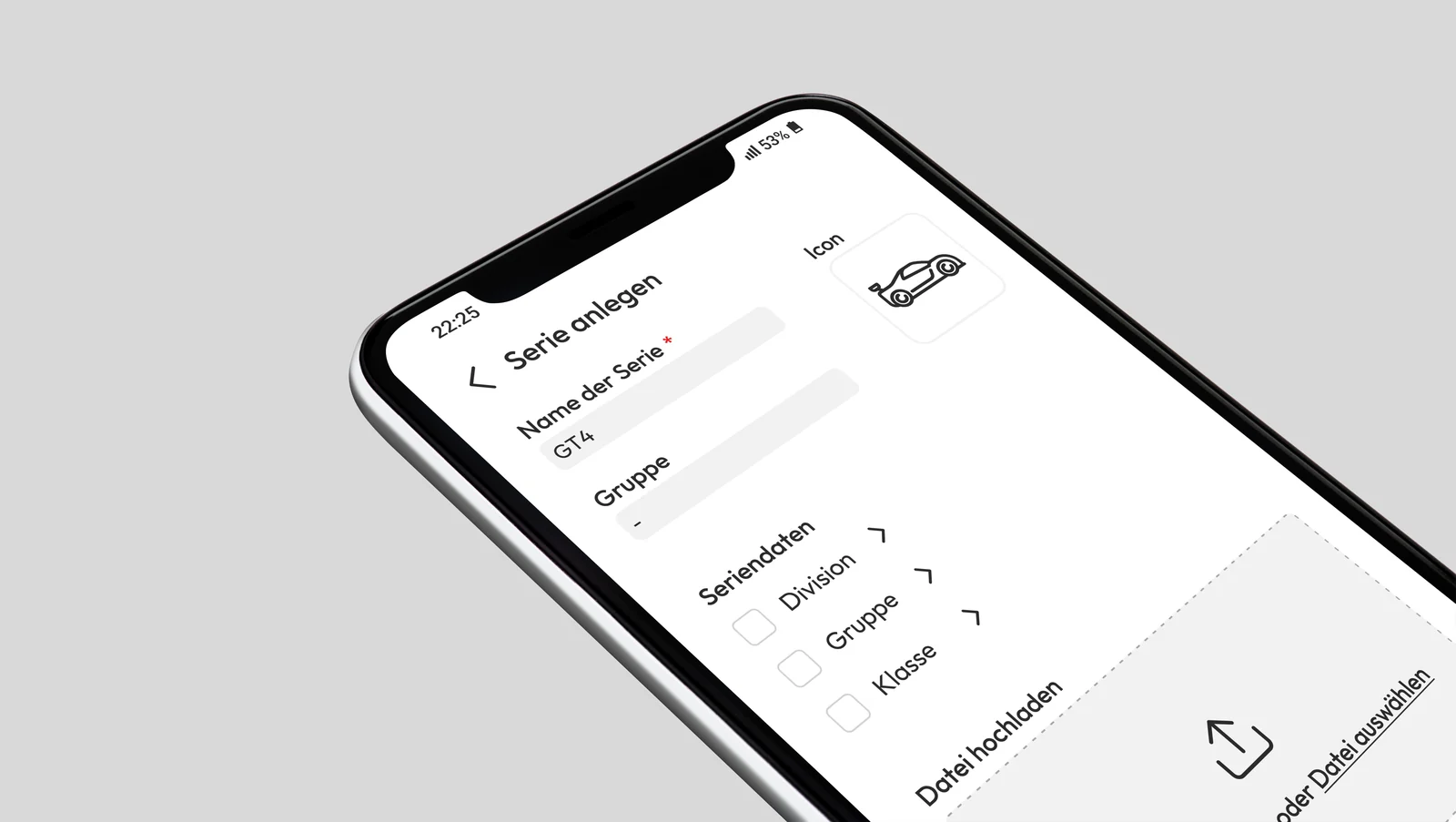 Phone mockup of the “Serie anlegen” screen with series name, icon, series data checkboxes and file upload