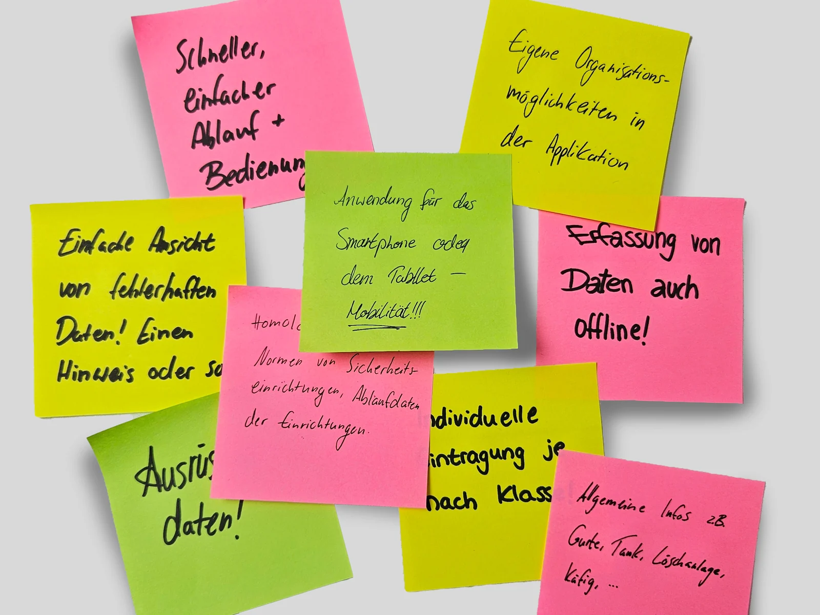Affinity mapping with handwritten sticky notes from the scrutineer interviews, e.g. faster workflow, offline data capture, individual entries per class