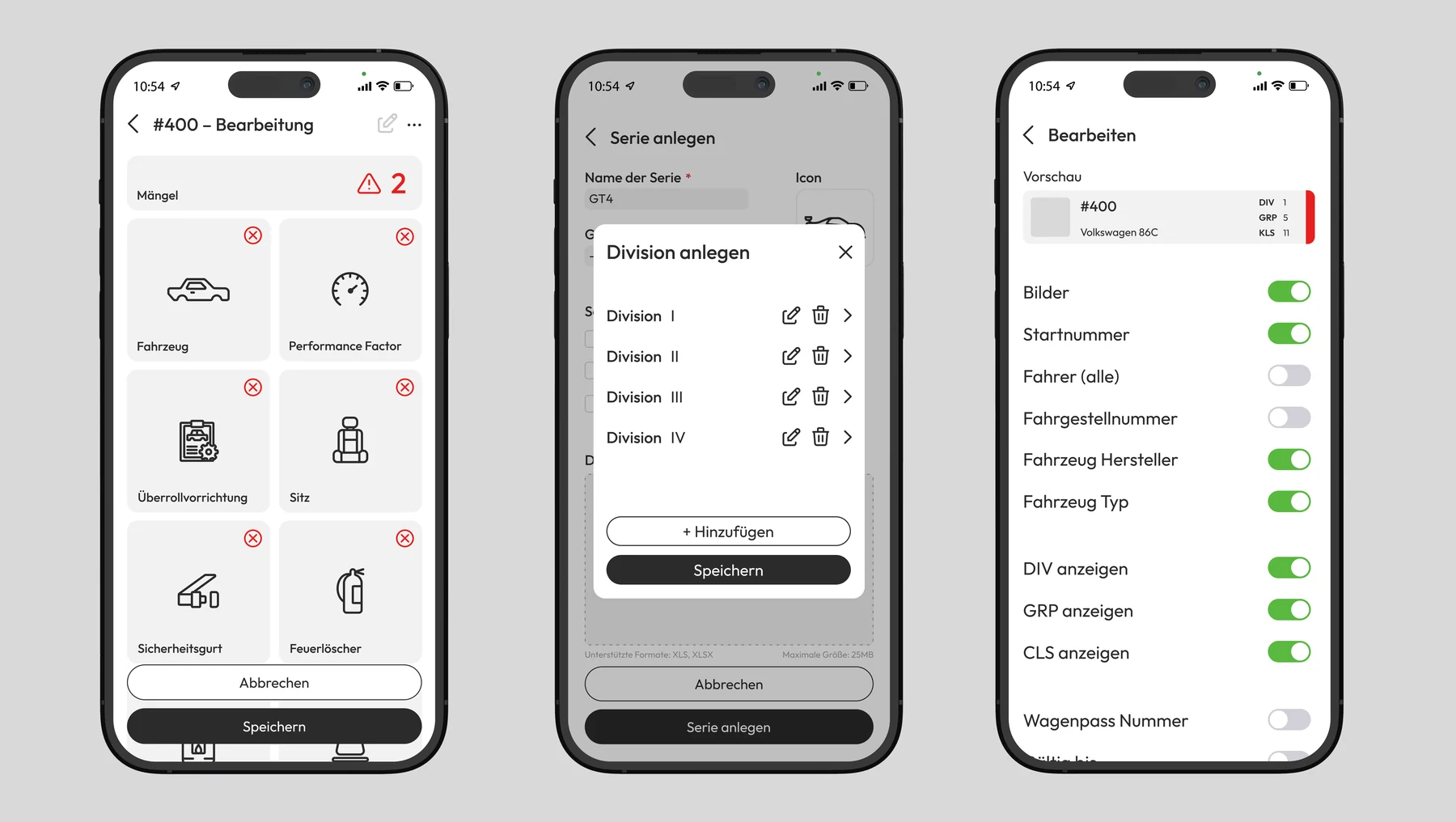 Three Scrutifree screens: vehicle #400 with inspection categories and defects, creating a series with divisions, and the field configurator with toggles
